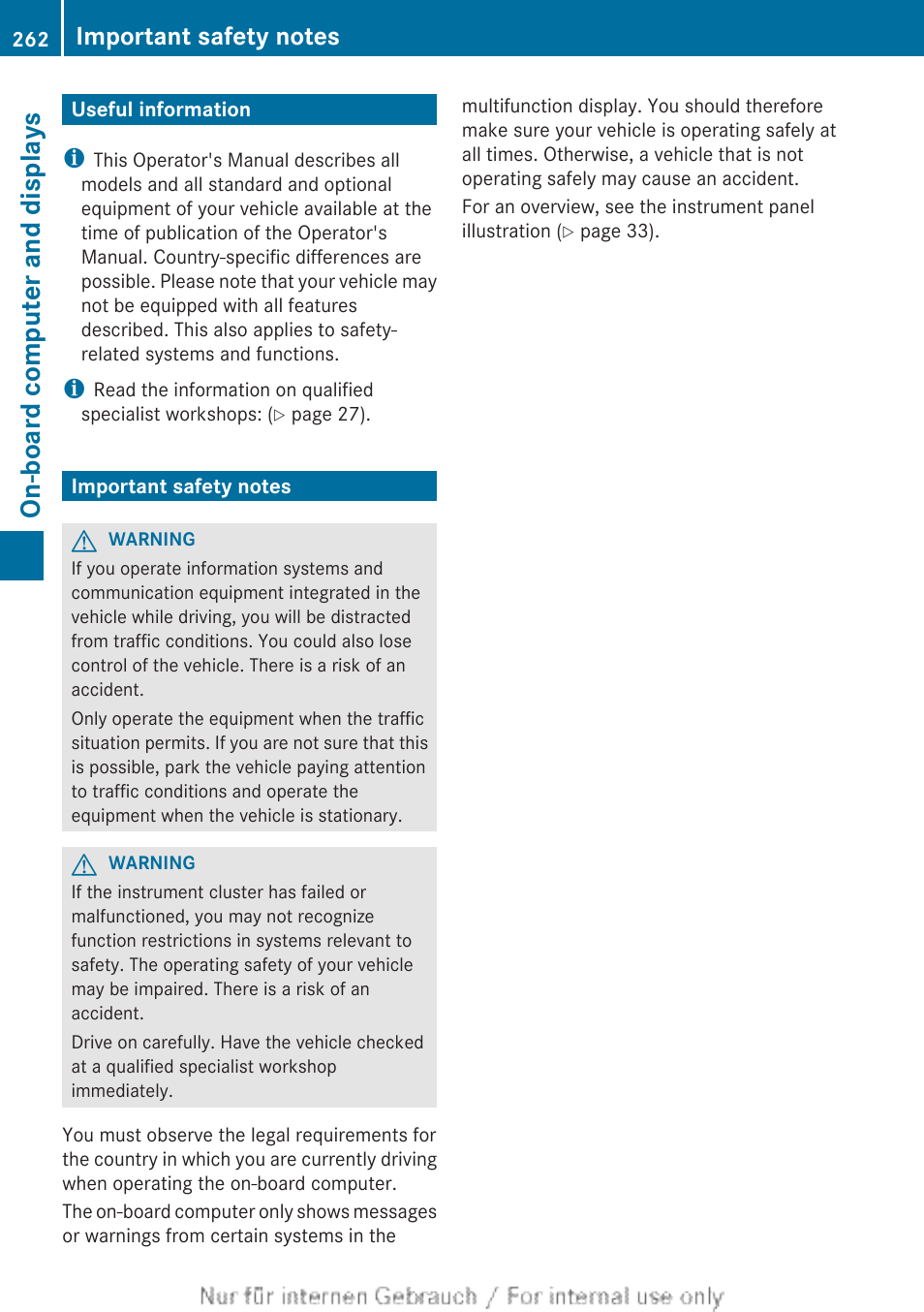 On-board computer and displays, Useful information, Important safety notes | Useful information important safety notes | Mercedes-Benz 2013 M Class User Manual | Page 264 / 460