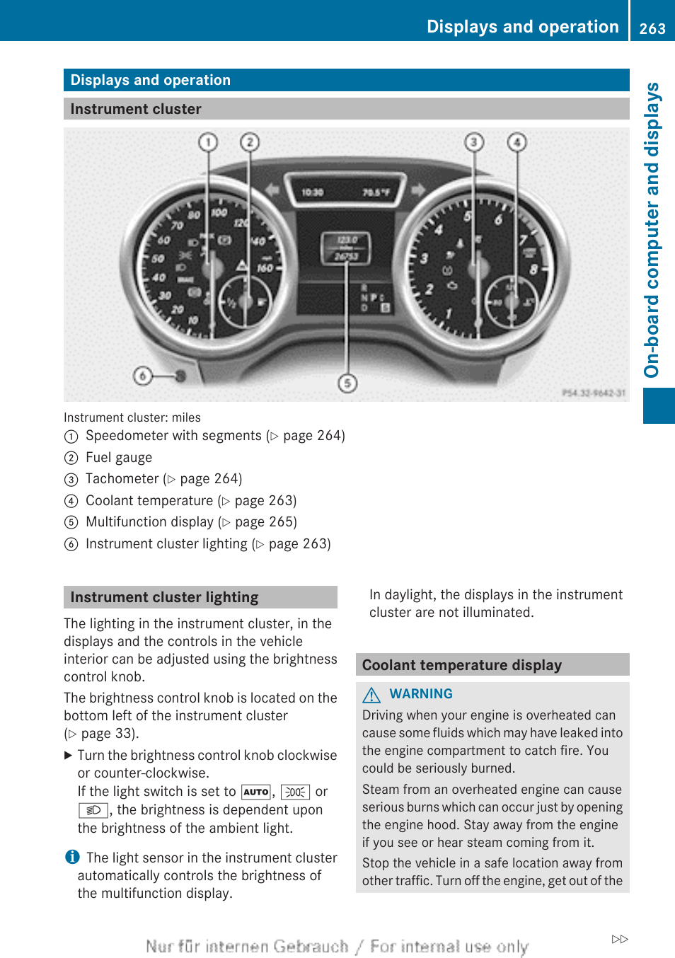 Displays and operation, Instrument cluster, Instrument cluster lighting | Coolant temperature display, On-board computer and displays | Mercedes-Benz 2013 M Class User Manual | Page 265 / 460