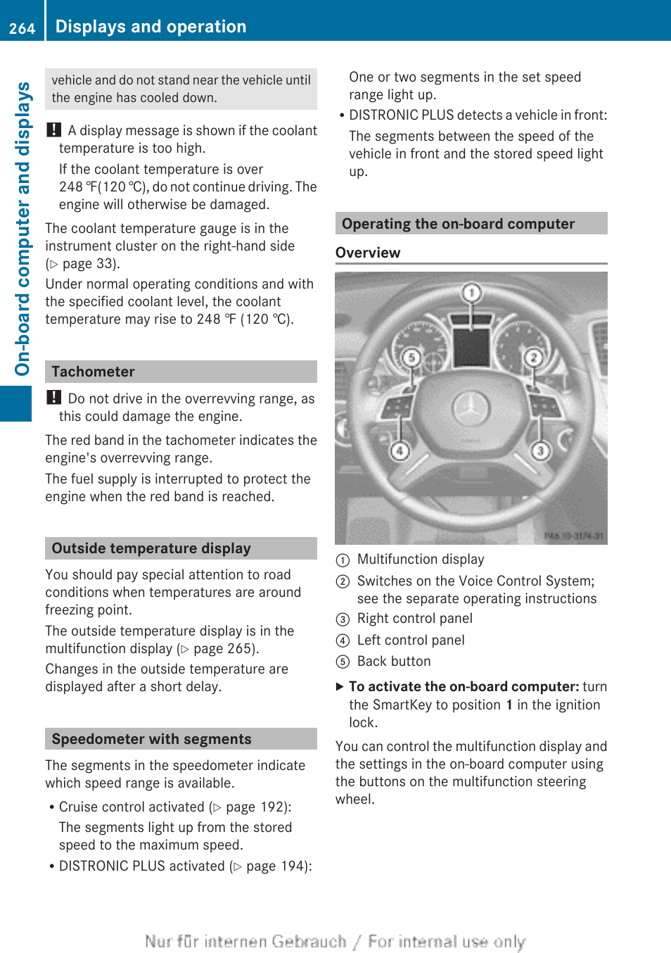 Tachometer, Outside temperature display, Speedometer with segments | Operating the on-board computer, On-board computer and displays, Displays and operation | Mercedes-Benz 2013 M Class User Manual | Page 266 / 460