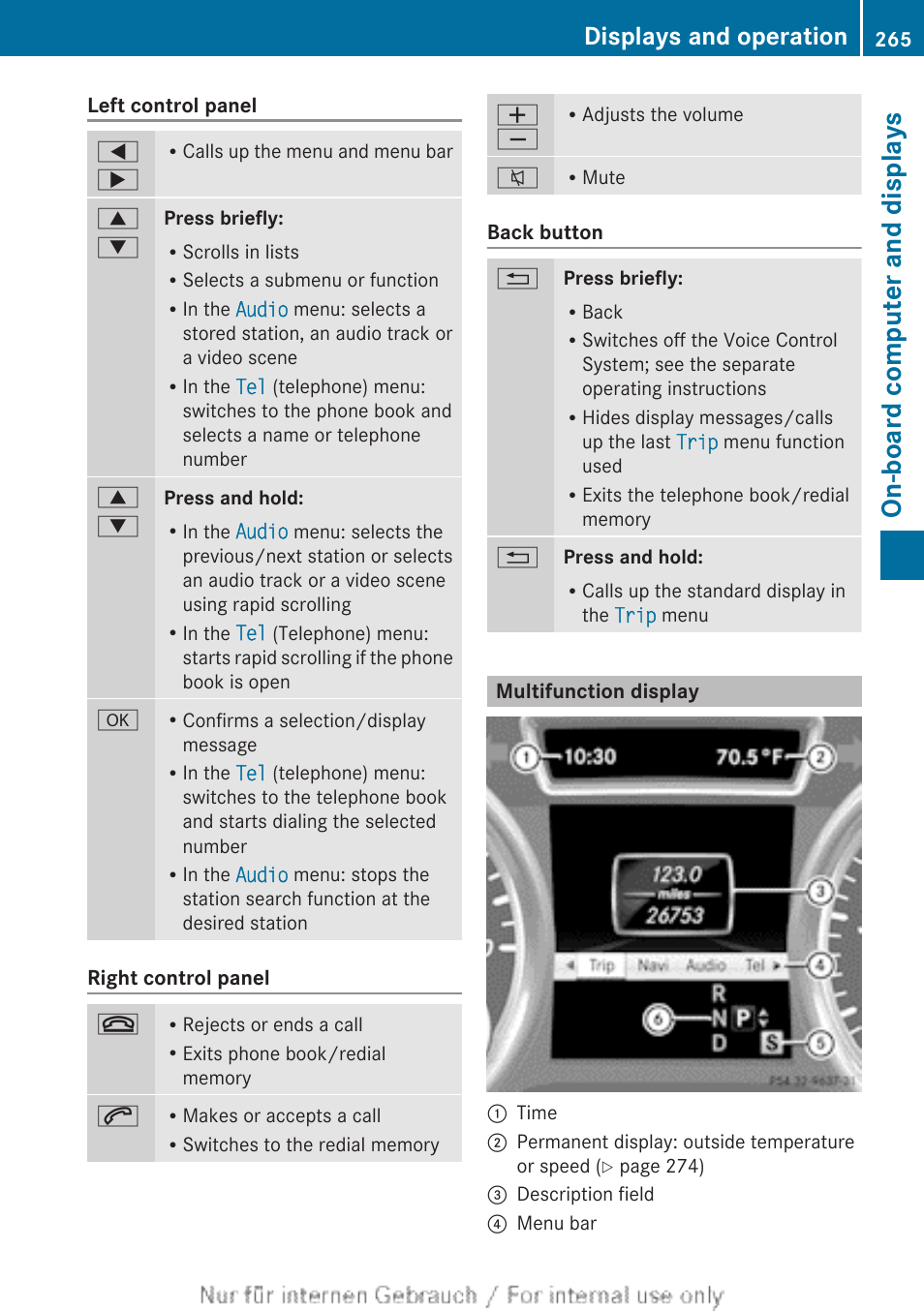 Multifunction display, On-board computer and displays, Displays and operation | Mercedes-Benz 2013 M Class User Manual | Page 267 / 460