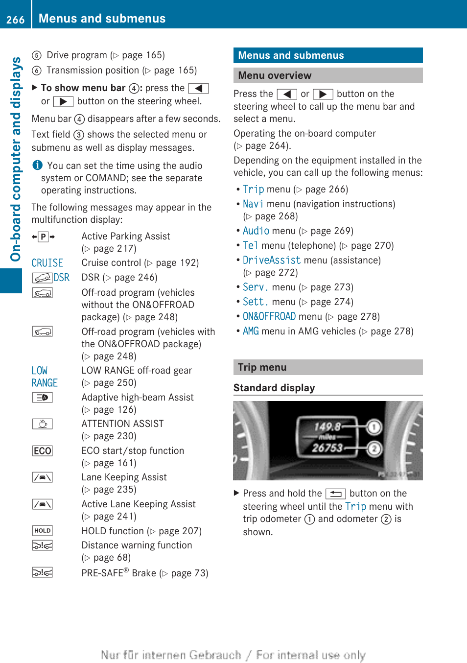 Menus and submenus, Menu overview, Trip menu | On-board computer and displays | Mercedes-Benz 2013 M Class User Manual | Page 268 / 460