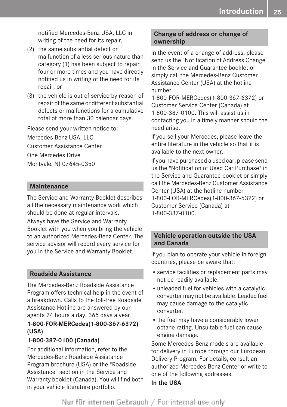 Maintenance, Roadside assistance, Change of address or change of ownership | Vehicle operation outside the usa and canada, Introduction | Mercedes-Benz 2013 M Class User Manual | Page 27 / 460