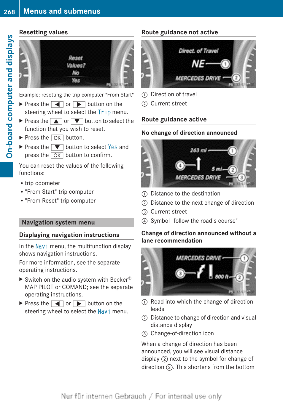 Navigation system menu, On-board computer and displays, Menus and submenus | Mercedes-Benz 2013 M Class User Manual | Page 270 / 460