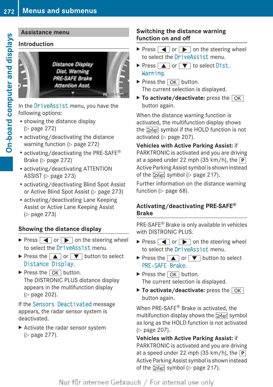 Assistance menu, The on-board computer, Operational | Board computer, Brake, On-board computer and displays, Menus and submenus | Mercedes-Benz 2013 M Class User Manual | Page 274 / 460