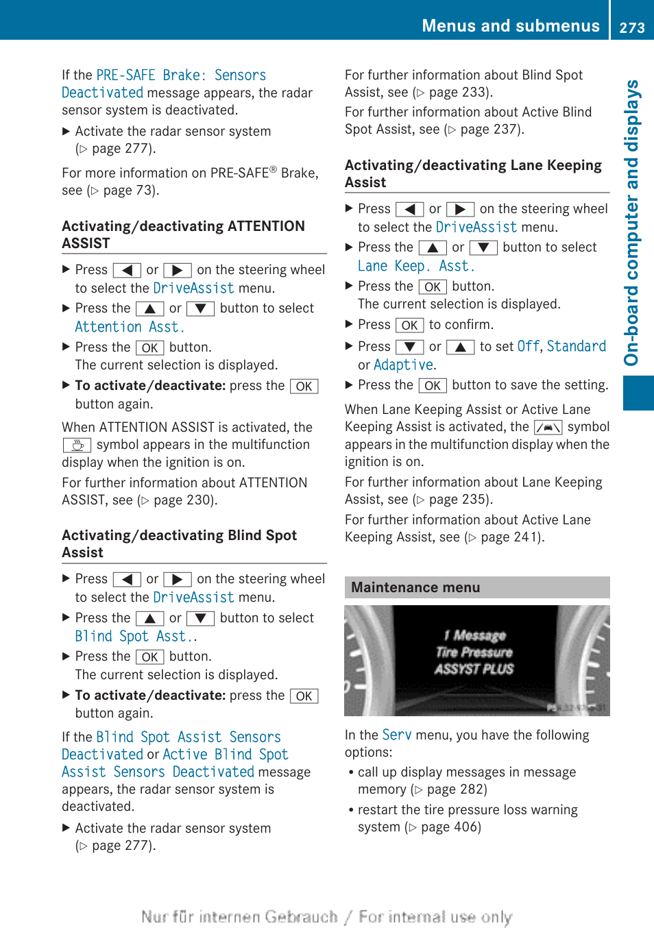 Maintenance menu, Adaptive, Menu | On-board computer and displays, Menus and submenus | Mercedes-Benz 2013 M Class User Manual | Page 275 / 460