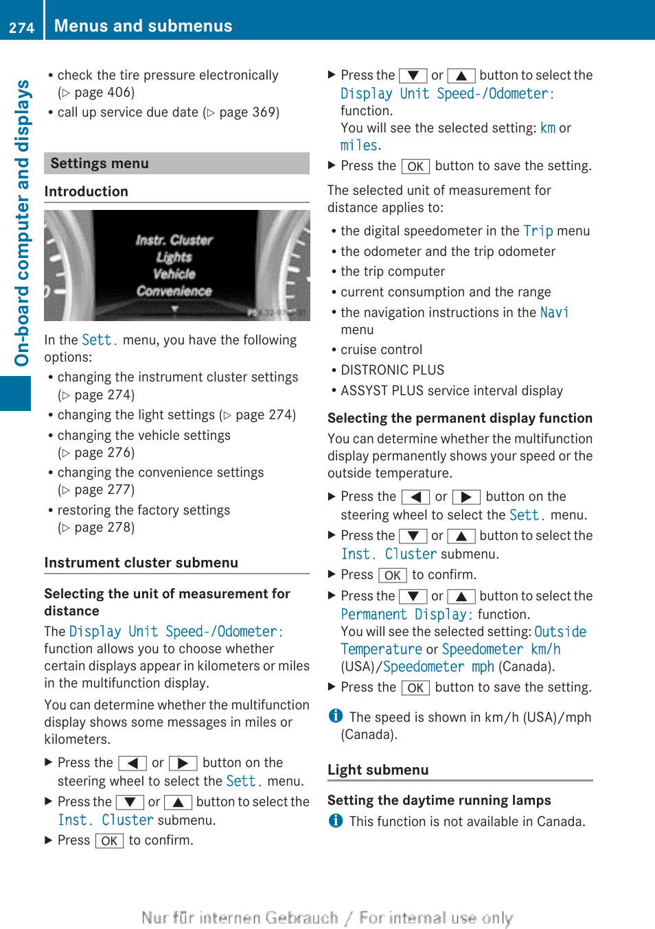 Settings menu, The on-board computer, Function | Menu, On-board computer and displays, Menus and submenus | Mercedes-Benz 2013 M Class User Manual | Page 276 / 460