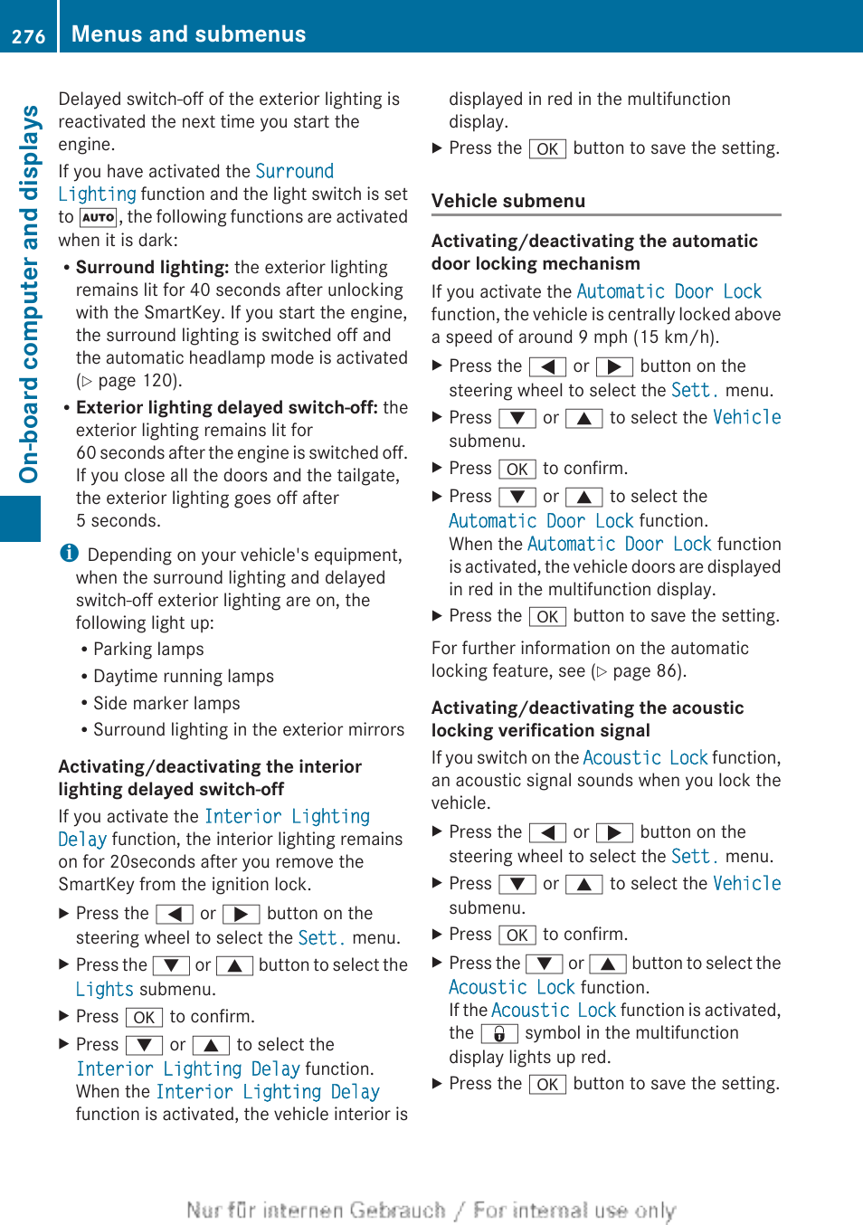 The on-board computer, Computer, Locking feature | On-board computer and displays, Menus and submenus | Mercedes-Benz 2013 M Class User Manual | Page 278 / 460