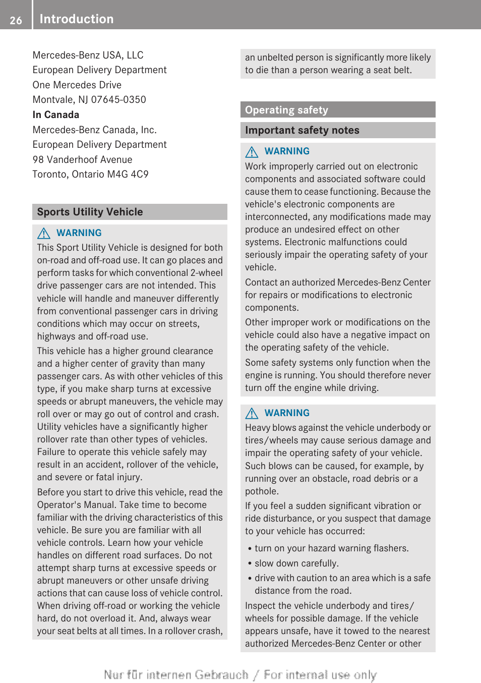 Sports utility vehicle, Operating safety, Important safety notes | Introduction | Mercedes-Benz 2013 M Class User Manual | Page 28 / 460