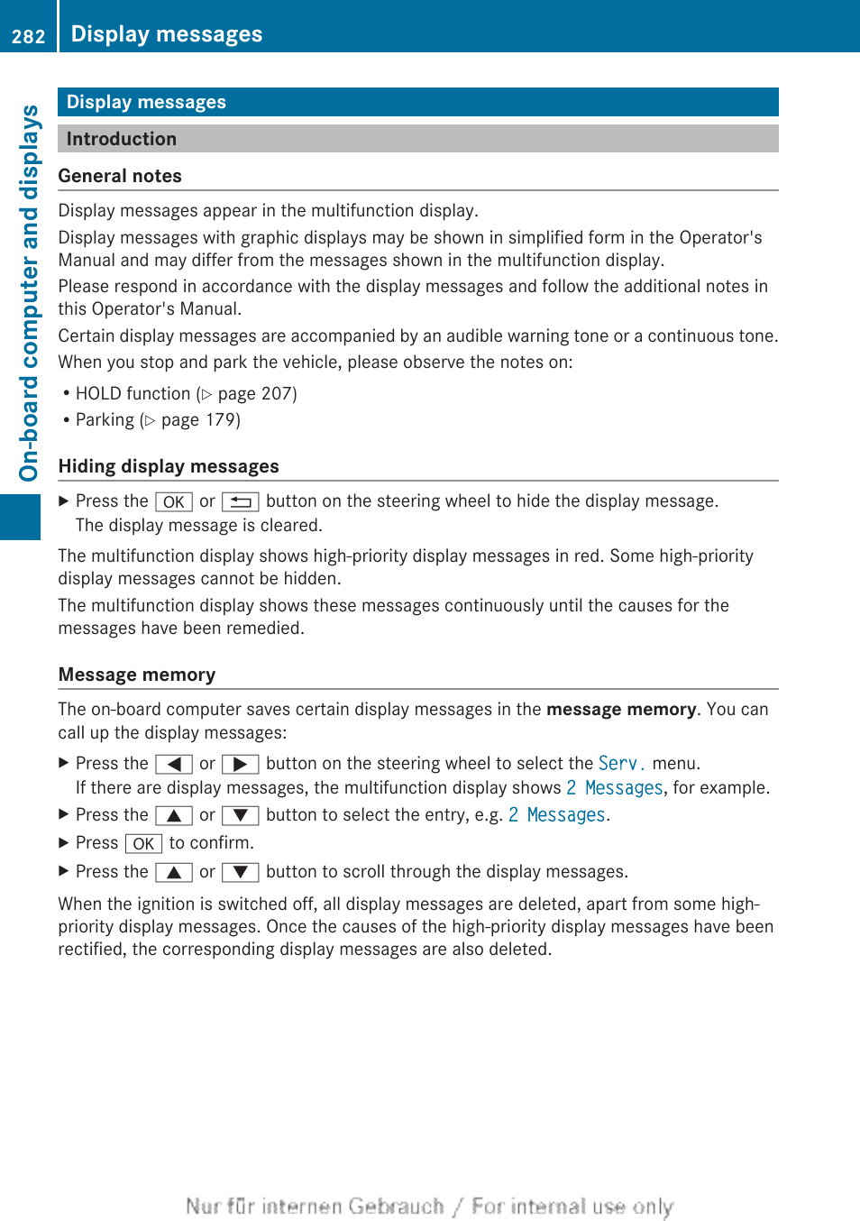 Display messages, Introduction, Memory | On-board computer and displays | Mercedes-Benz 2013 M Class User Manual | Page 284 / 460