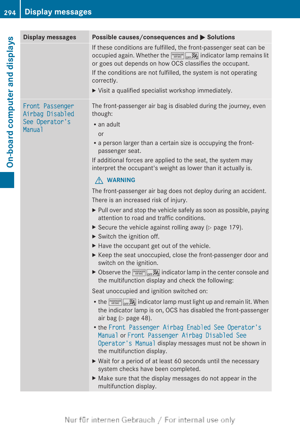 On-board computer and displays, Display messages | Mercedes-Benz 2013 M Class User Manual | Page 296 / 460