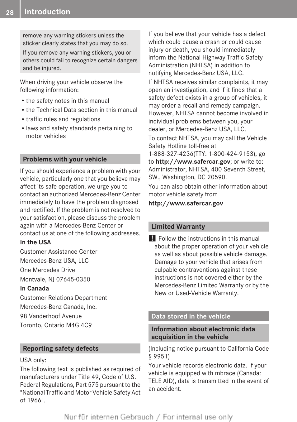 Problems with your vehicle, Reporting safety defects, Limited warranty | Data stored in the vehicle, Introduction | Mercedes-Benz 2013 M Class User Manual | Page 30 / 460