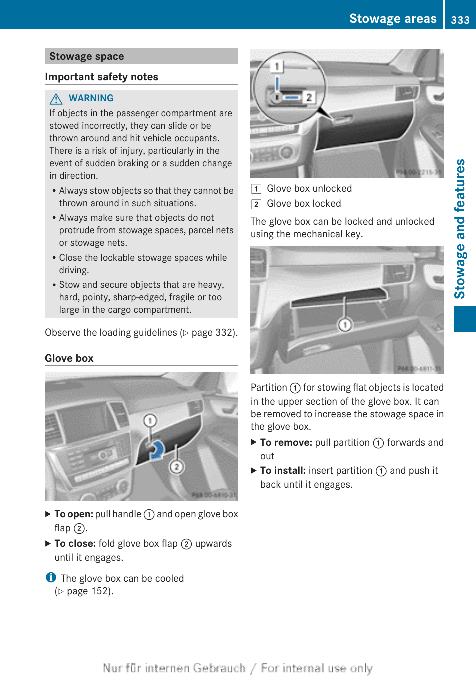 Stowage space, Stowage and features, Stowage areas | Mercedes-Benz 2013 M Class User Manual | Page 335 / 460