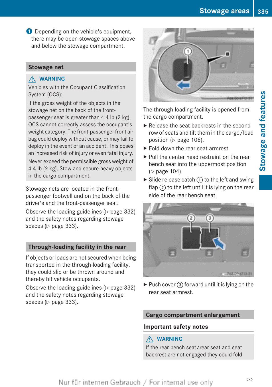 Stowage net, Through-loading facility in the rear, Cargo compartment enlargement | Stowage and features, Stowage areas | Mercedes-Benz 2013 M Class User Manual | Page 337 / 460