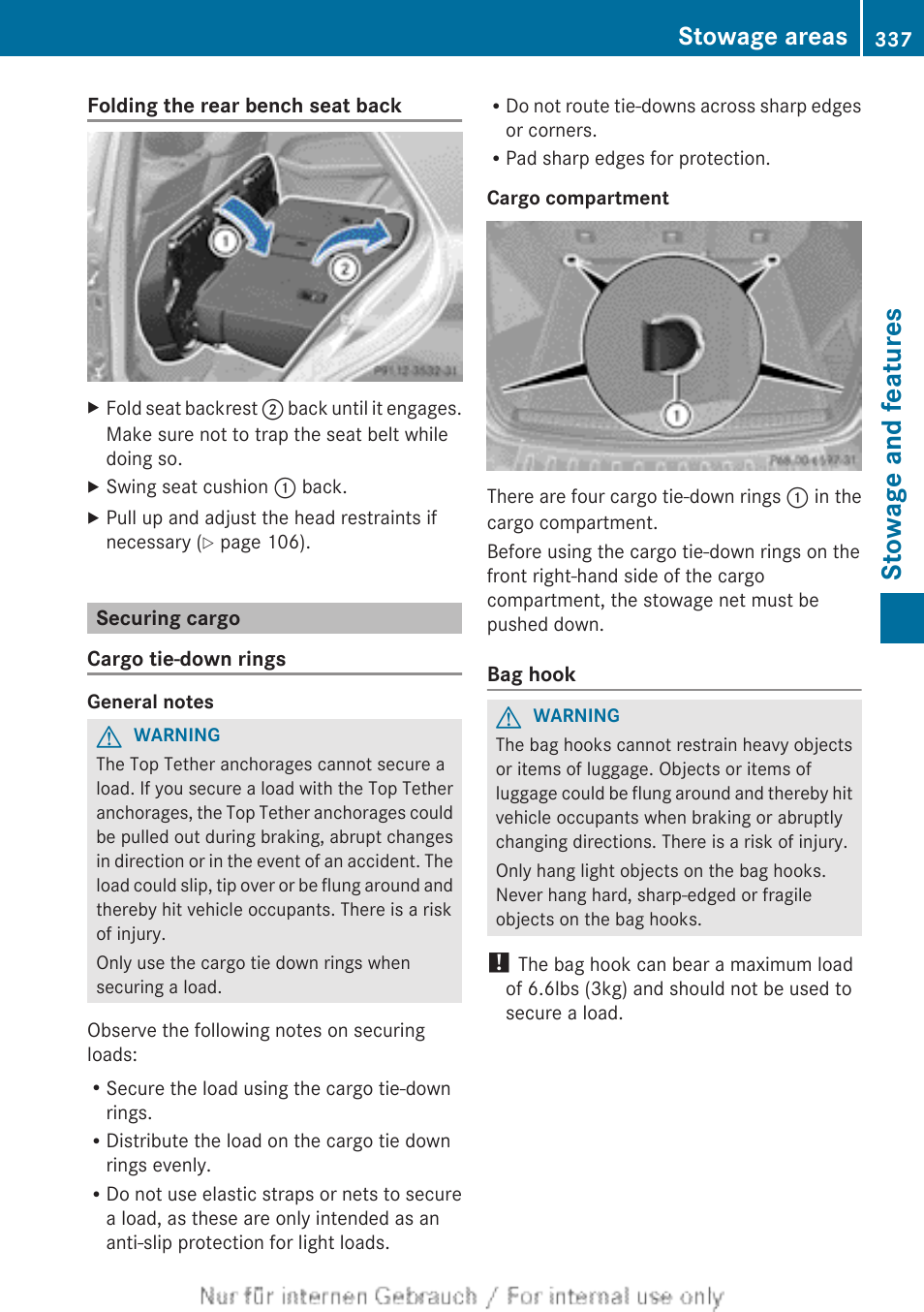 Securing cargo, Stowage and features, Stowage areas | Mercedes-Benz 2013 M Class User Manual | Page 339 / 460