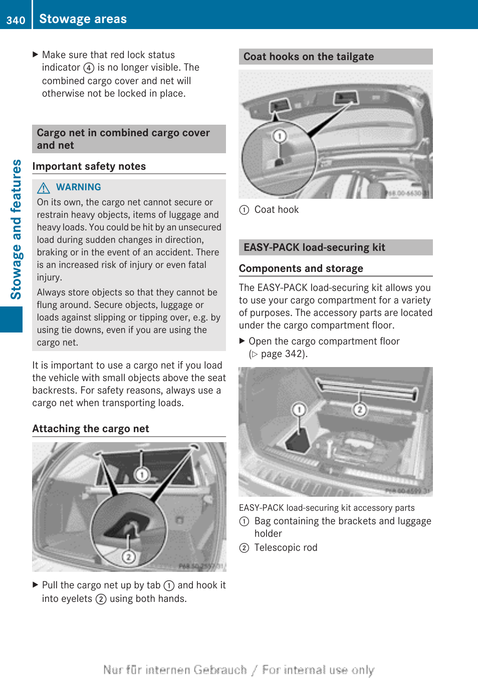 Cargo net in combined cargo cover and net, Coat hooks on the tailgate, Easy-pack load-securing kit | Stowage and features, Stowage areas | Mercedes-Benz 2013 M Class User Manual | Page 342 / 460