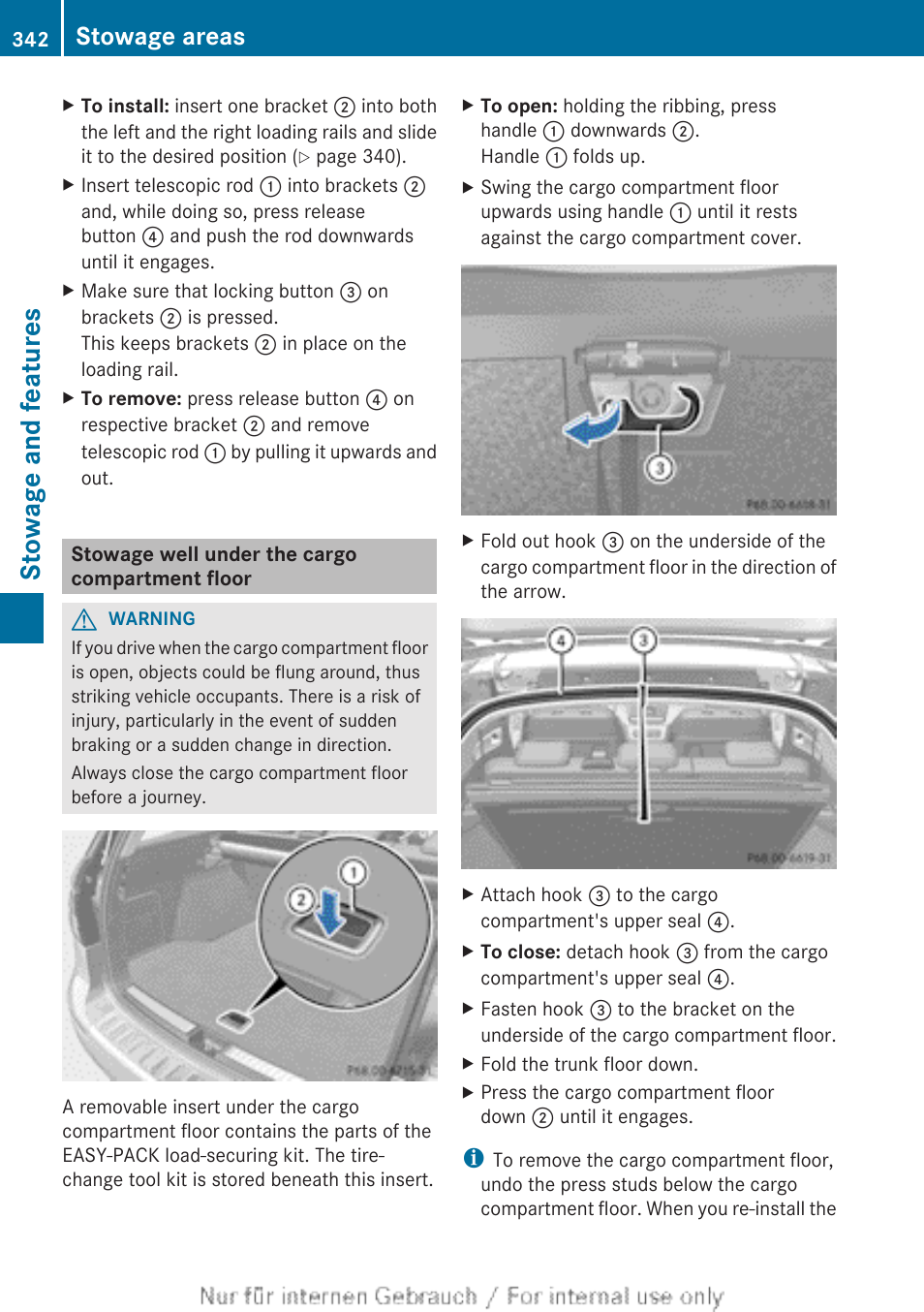 Stowage well under the cargo compartment floor, Stowage and features, Stowage areas | Mercedes-Benz 2013 M Class User Manual | Page 344 / 460