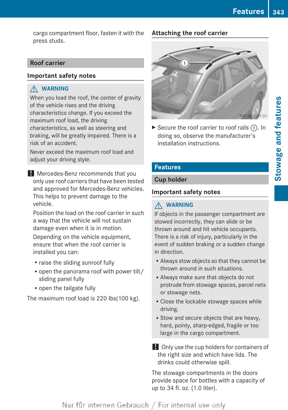 Roof carrier, Features, Cup holder | Stowage and features | Mercedes-Benz 2013 M Class User Manual | Page 345 / 460