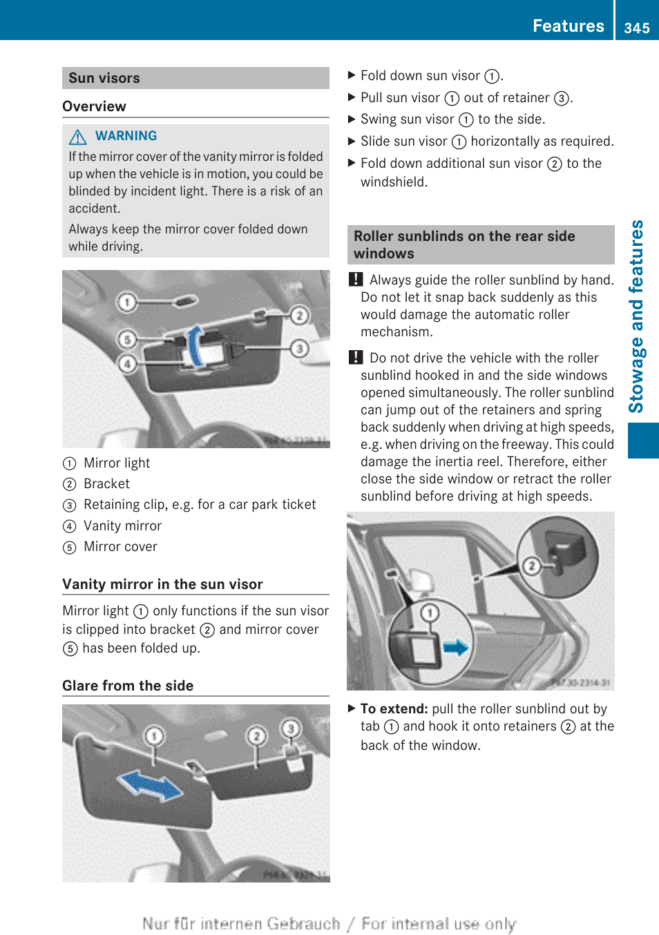 Sun visors, Roller sunblinds on the rear side windows, Stowage and features | Features | Mercedes-Benz 2013 M Class User Manual | Page 347 / 460