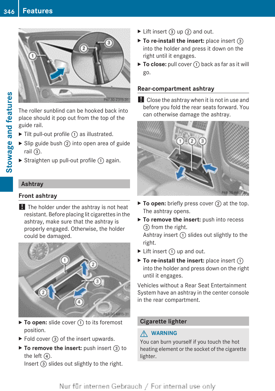 Ashtray, Cigarette lighter, Stowage and features | Features | Mercedes-Benz 2013 M Class User Manual | Page 348 / 460