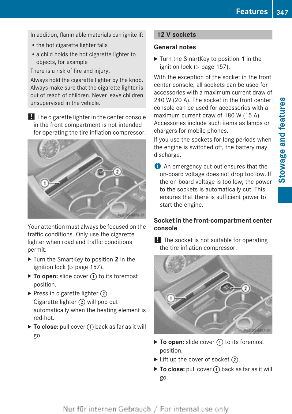 12 v sockets, Stowage and features, Features | Mercedes-Benz 2013 M Class User Manual | Page 349 / 460