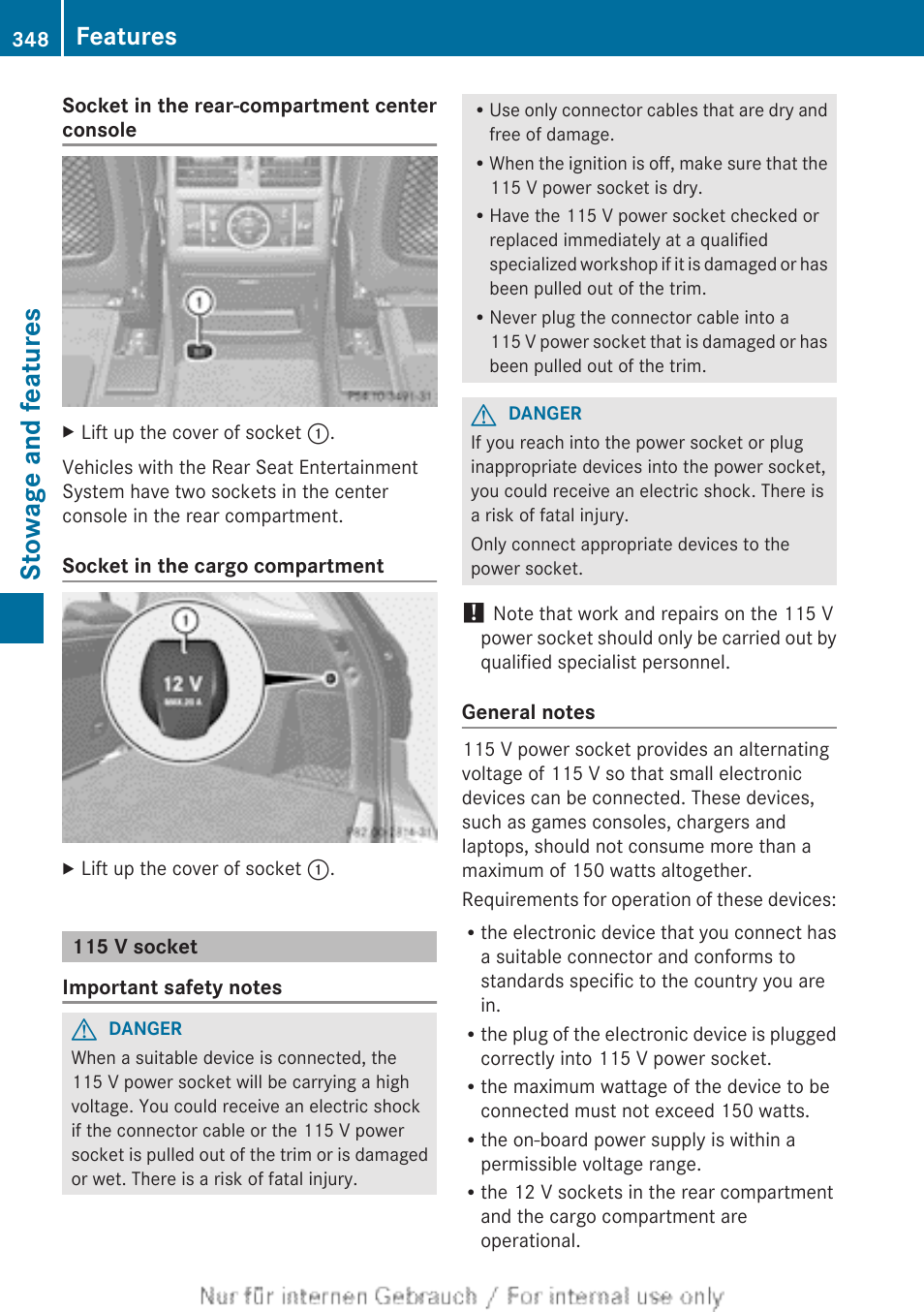 115 v socket, Stowage and features, Features | Mercedes-Benz 2013 M Class User Manual | Page 350 / 460