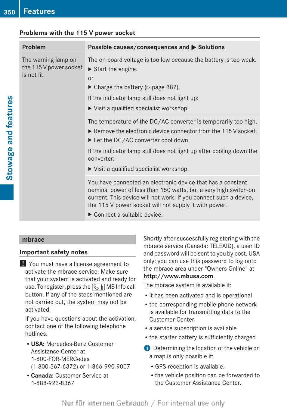 Mbrace, Stowage and features, Features | Mercedes-Benz 2013 M Class User Manual | Page 352 / 460