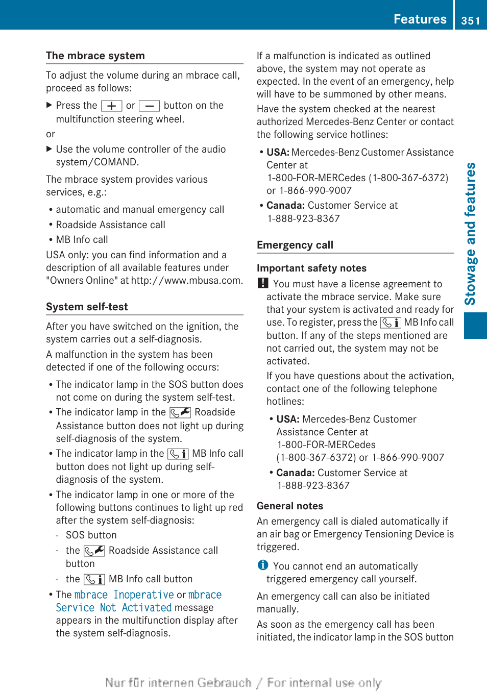 Stowage and features, Features | Mercedes-Benz 2013 M Class User Manual | Page 353 / 460