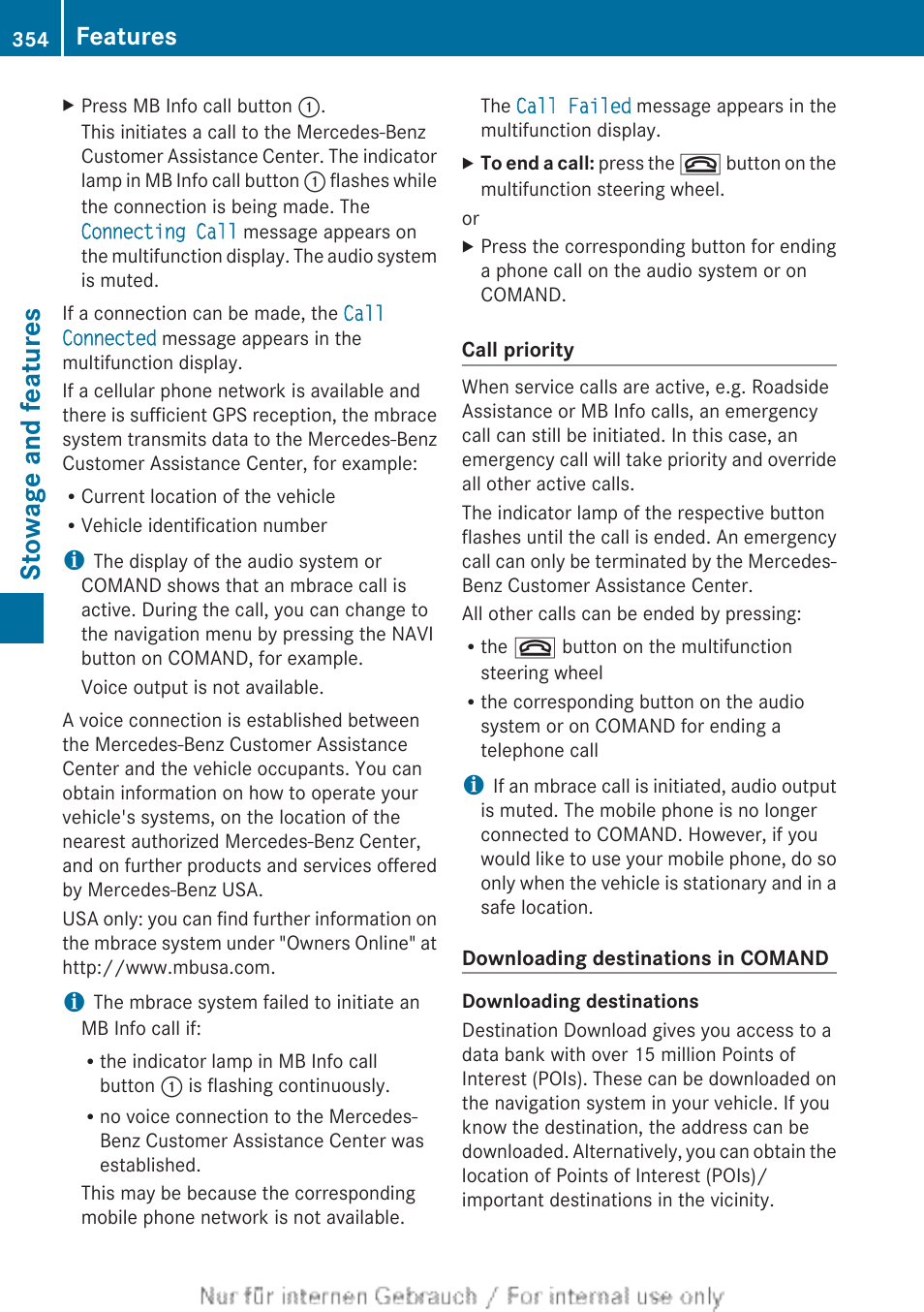 Stowage and features, Features | Mercedes-Benz 2013 M Class User Manual | Page 356 / 460