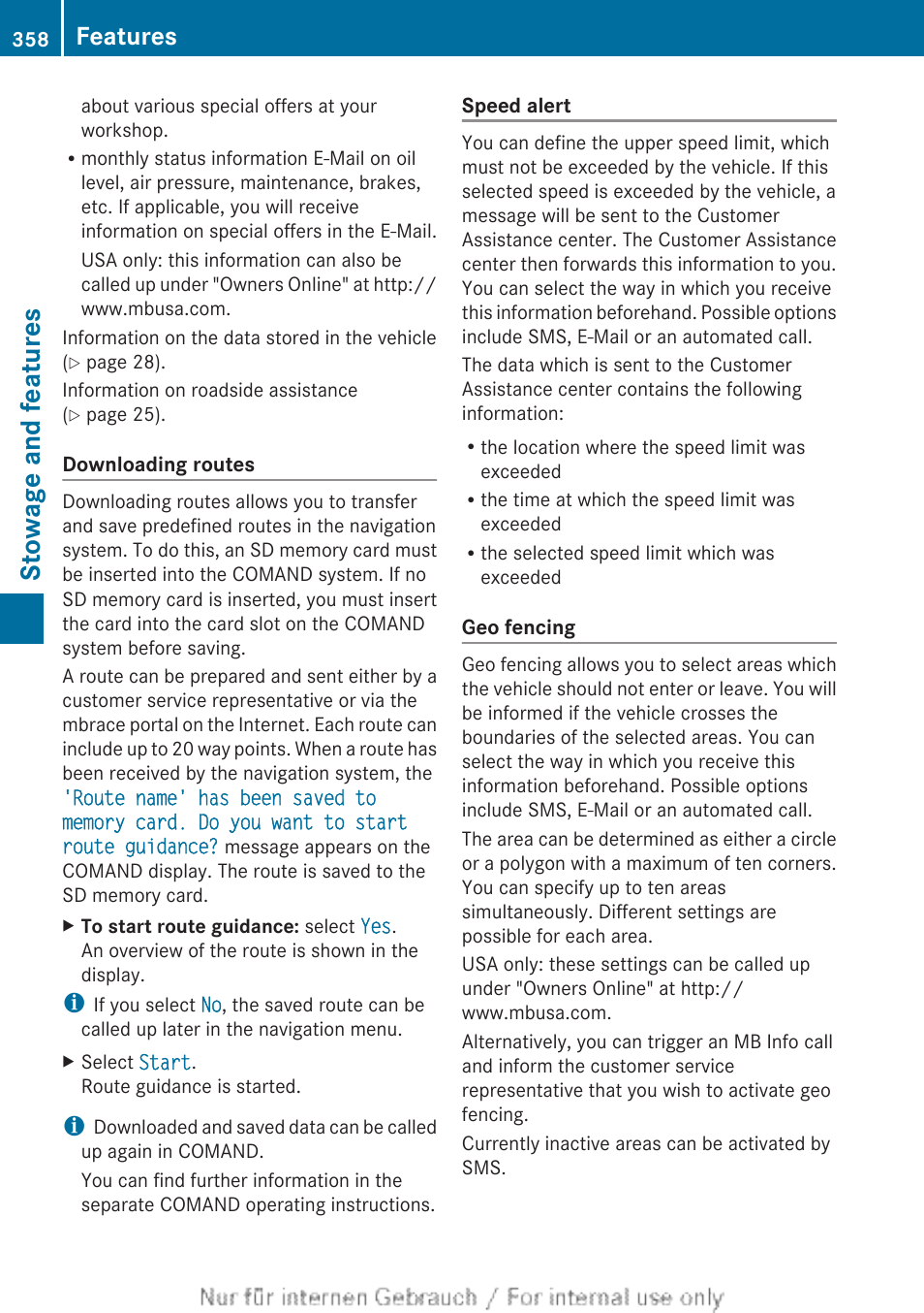 Stowage and features, Features | Mercedes-Benz 2013 M Class User Manual | Page 360 / 460