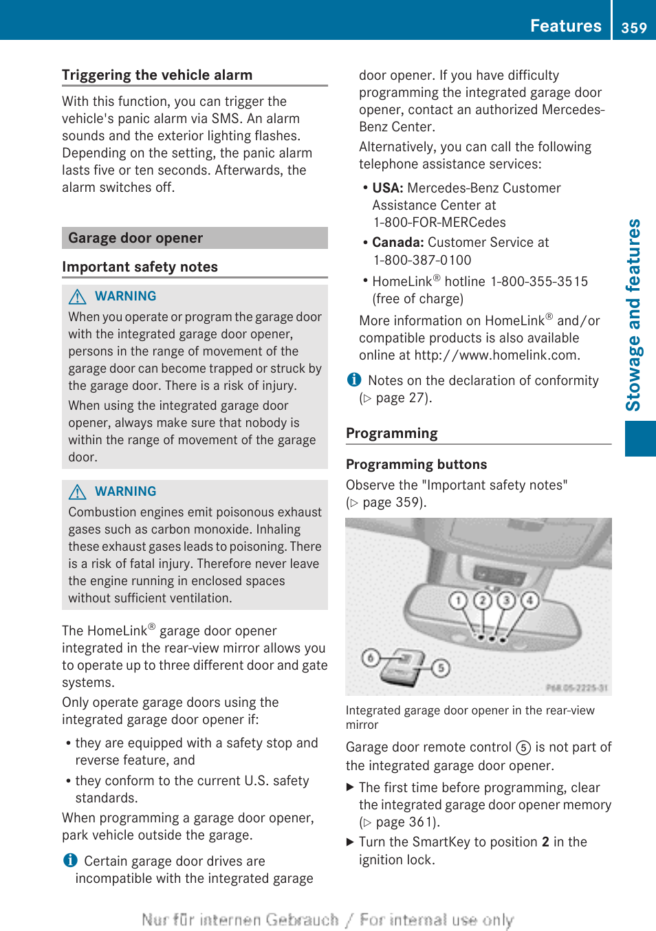 Garage door opener, Stowage and features, Features | Mercedes-Benz 2013 M Class User Manual | Page 361 / 460