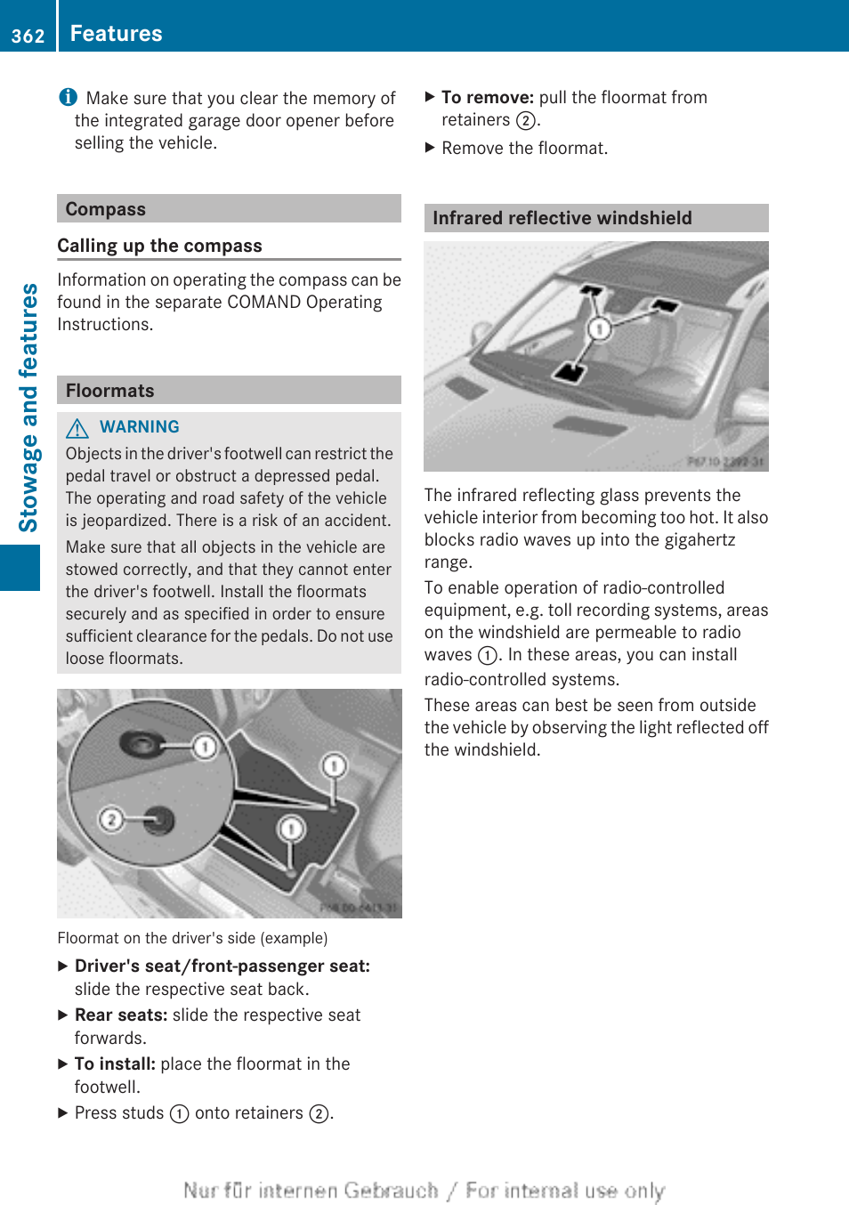 Compass, Floormats, Infrared reflective windshield | Stowage and features, Features | Mercedes-Benz 2013 M Class User Manual | Page 364 / 460