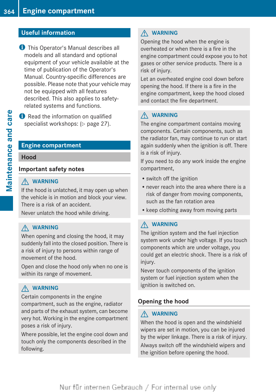 Maintenance and care, Useful information, Engine compartment | Hood | Mercedes-Benz 2013 M Class User Manual | Page 366 / 460