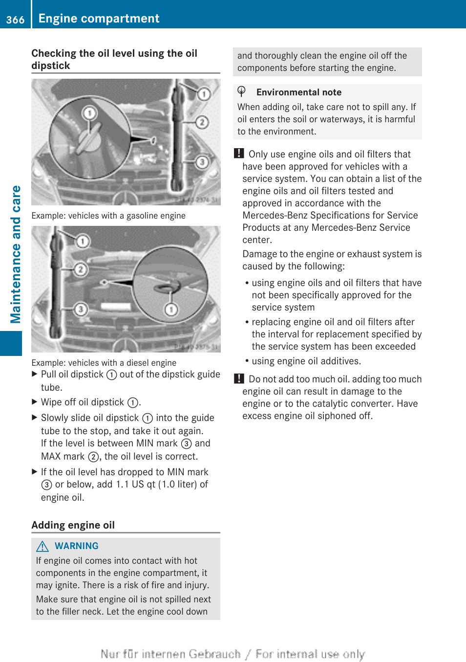 If necessary, add engine oil, Maintenance and care, Engine compartment | Mercedes-Benz 2013 M Class User Manual | Page 368 / 460