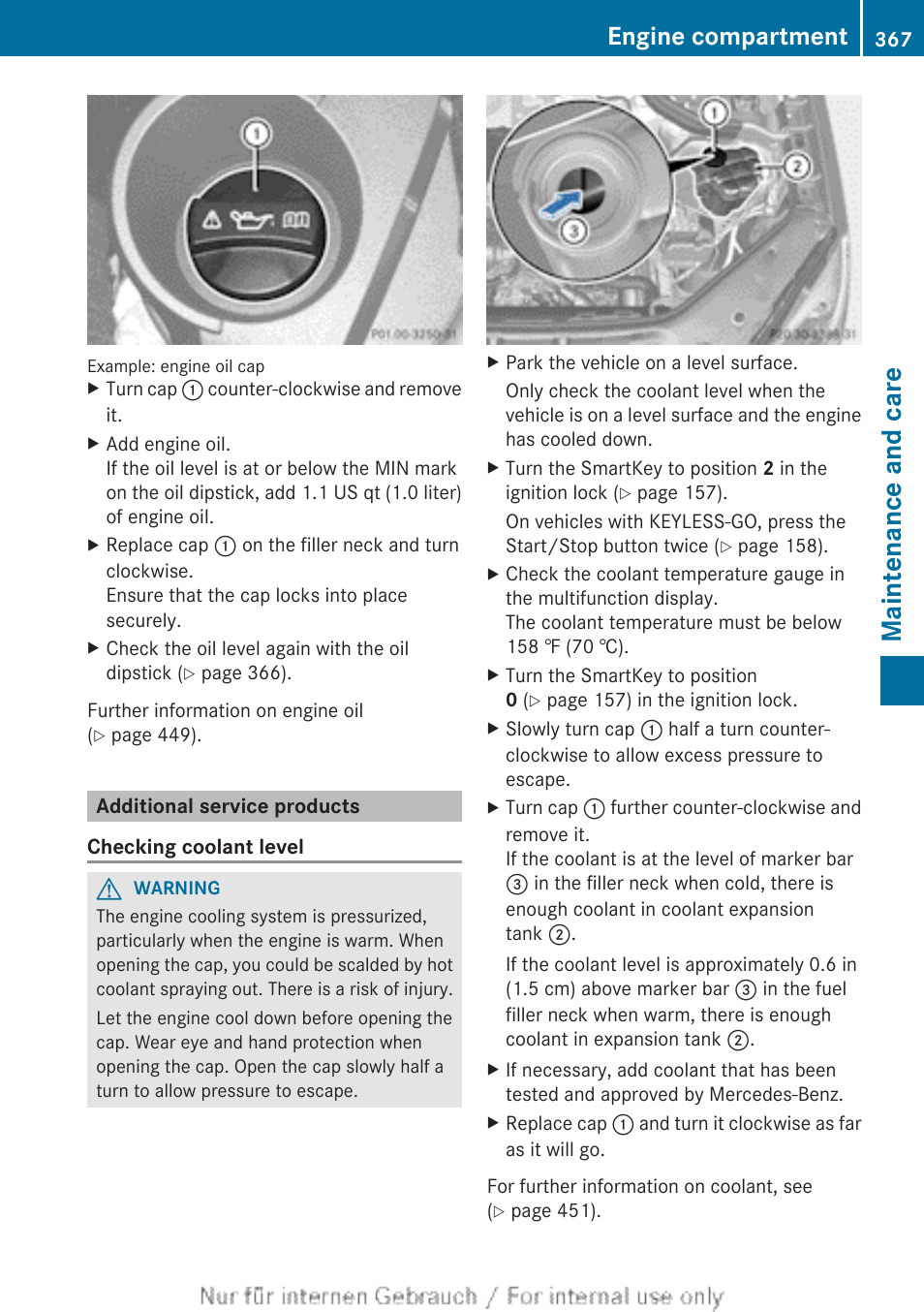 Additional service products, Check the coolant level, Notes | Maintenance and care, Engine compartment | Mercedes-Benz 2013 M Class User Manual | Page 369 / 460