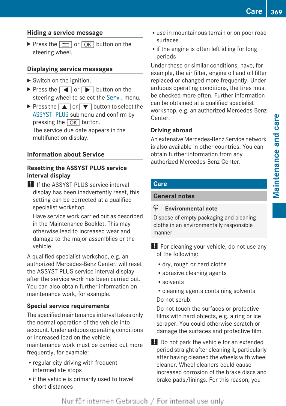 Care, General notes, Call up service due date | Maintenance and care | Mercedes-Benz 2013 M Class User Manual | Page 371 / 460