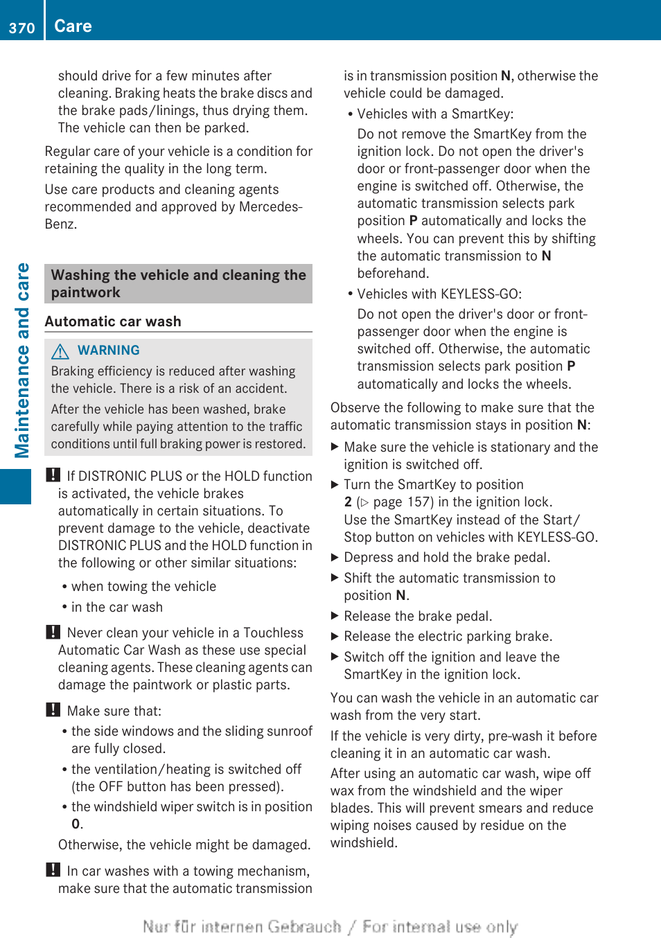 Washing the vehicle and cleaning the paintwork, Maintenance and care, Care | Mercedes-Benz 2013 M Class User Manual | Page 372 / 460