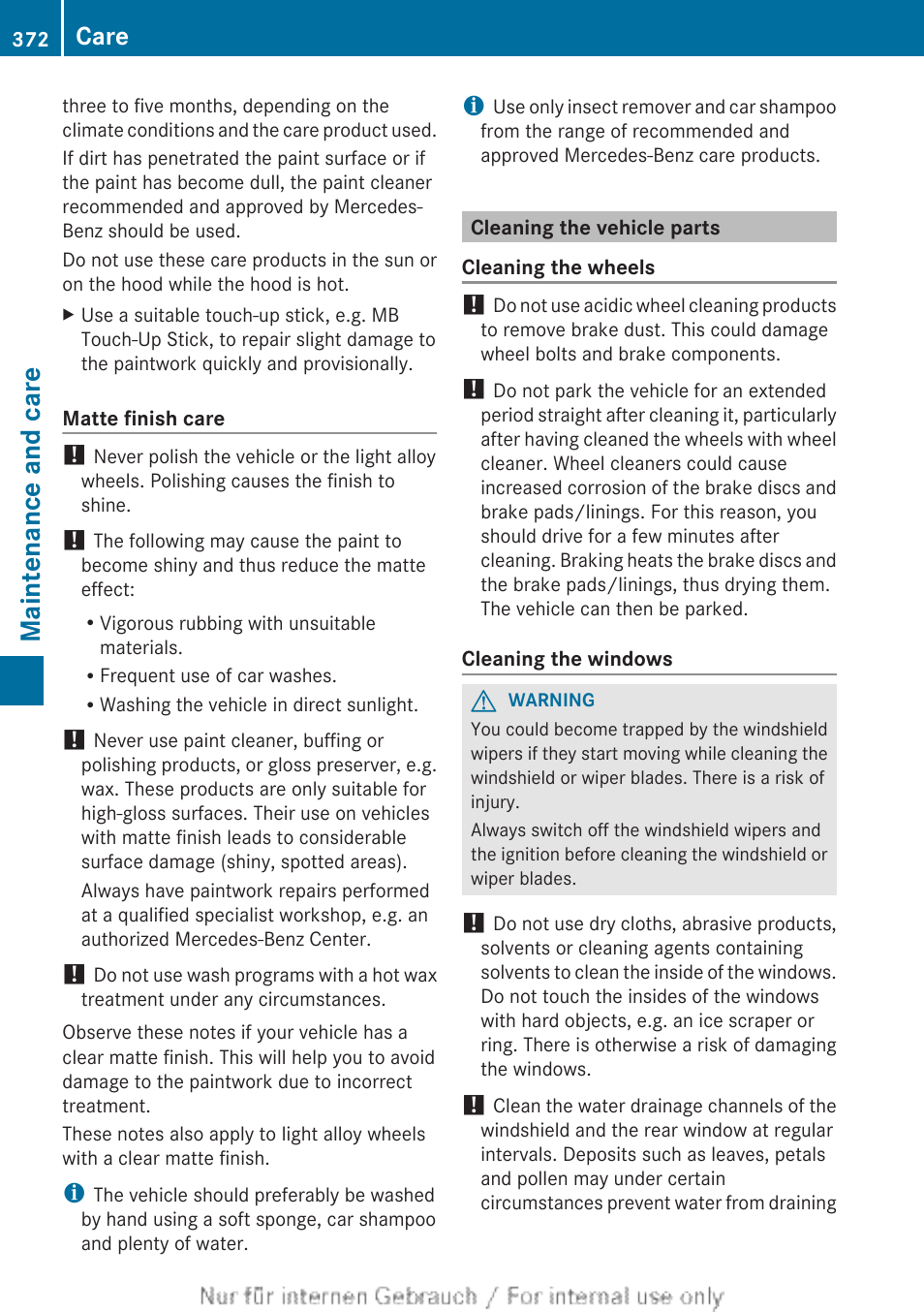 Cleaning the vehicle parts, And clean the windshield, Clean the windshield | Maintenance and care, Care | Mercedes-Benz 2013 M Class User Manual | Page 374 / 460