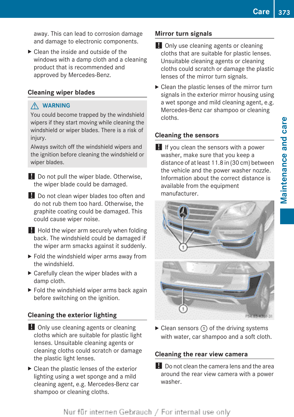 Cleaning, Clean the bumpers, Clean the sensors | Maintenance and care, Care | Mercedes-Benz 2013 M Class User Manual | Page 375 / 460