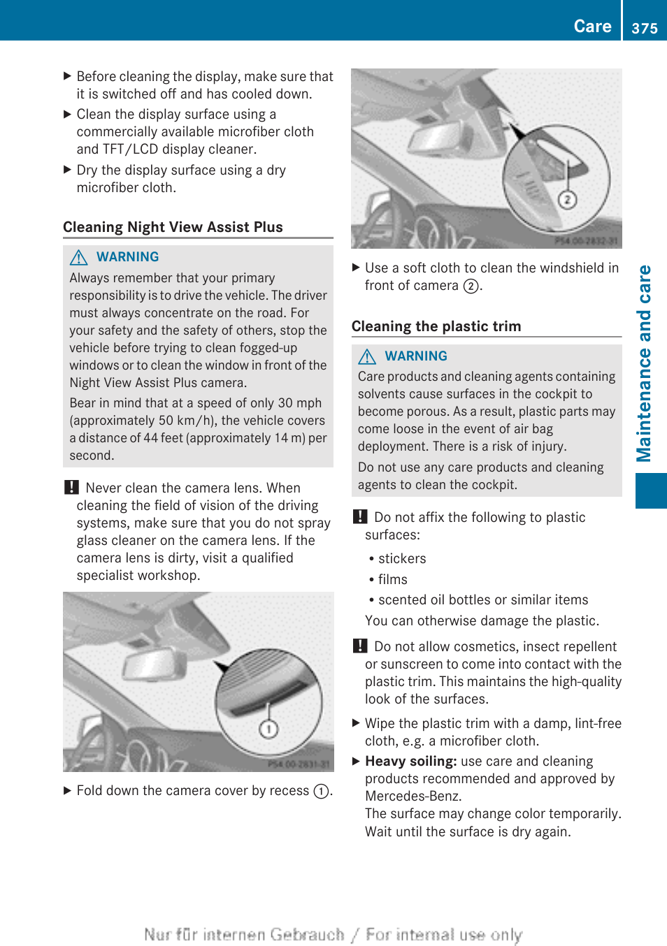 Cleaning, Down the camera cover, Fold down the camera cover | Maintenance and care, Care | Mercedes-Benz 2013 M Class User Manual | Page 377 / 460