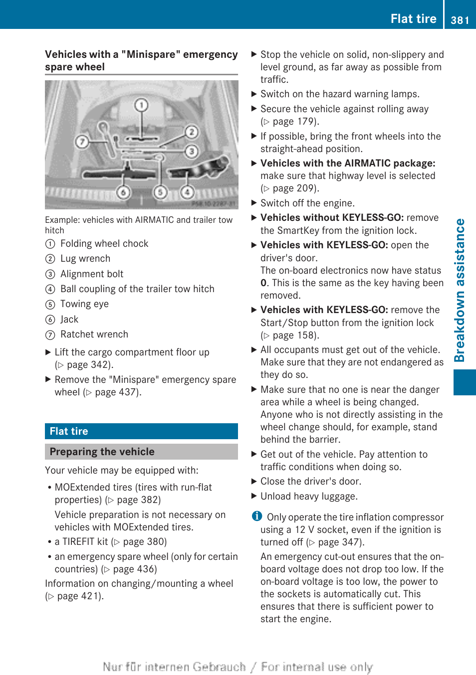 Flat tire, Preparing the vehicle, Breakdown assistance | Mercedes-Benz 2013 M Class User Manual | Page 383 / 460