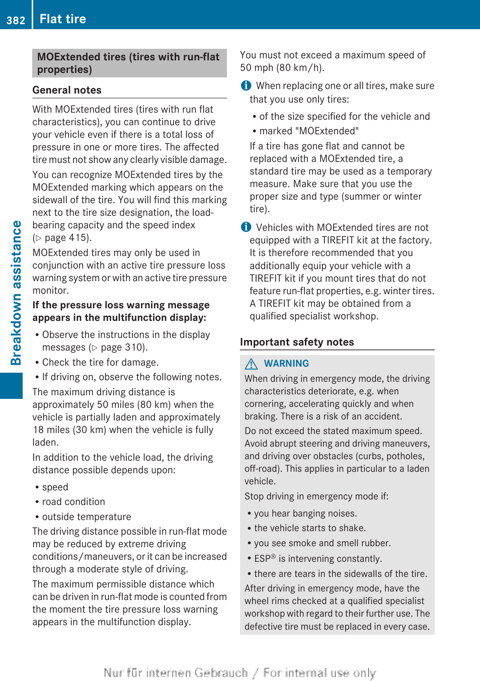 Moextended tires (tires with run-flat properties), Properties), Breakdown assistance | Flat tire | Mercedes-Benz 2013 M Class User Manual | Page 384 / 460