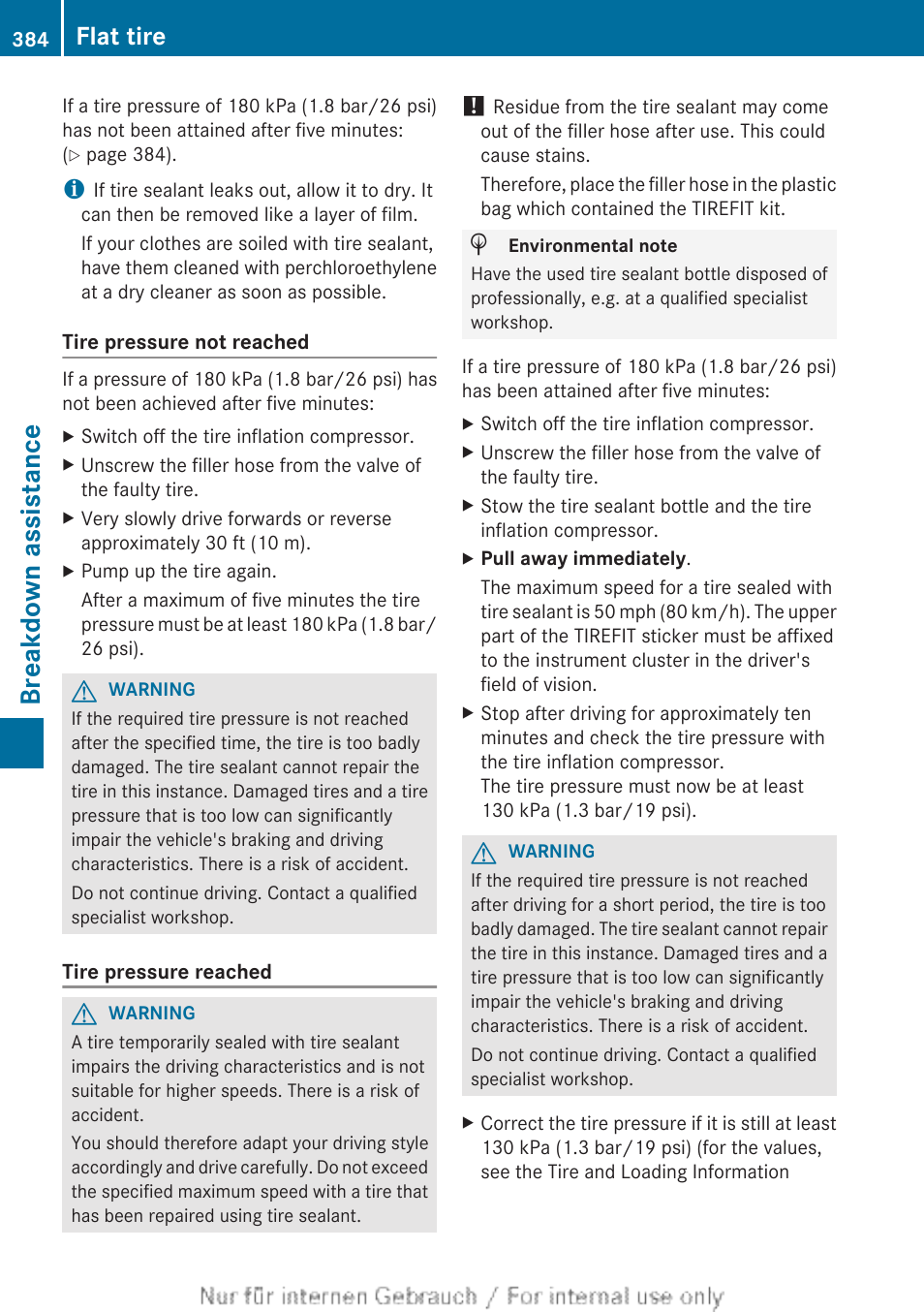 Breakdown assistance, Flat tire | Mercedes-Benz 2013 M Class User Manual | Page 386 / 460