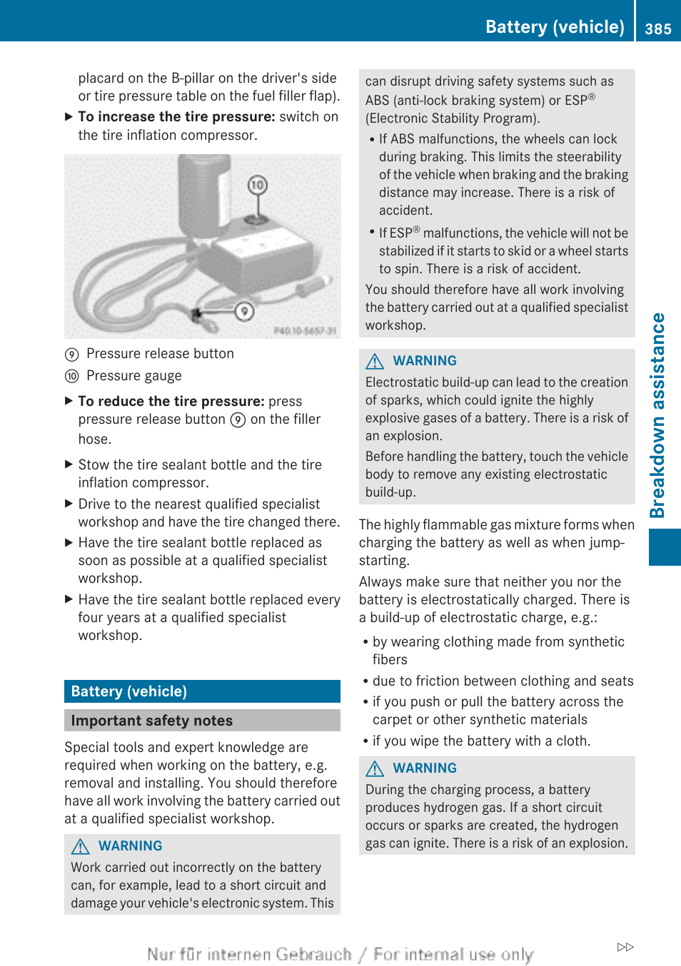 Battery (vehicle), Important safety notes, Breakdown assistance | Mercedes-Benz 2013 M Class User Manual | Page 387 / 460