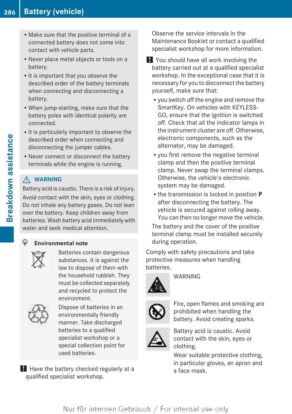 Breakdown assistance, Battery (vehicle) | Mercedes-Benz 2013 M Class User Manual | Page 388 / 460