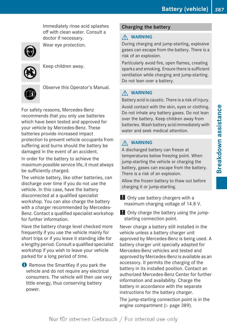 Charging the battery, Necessary, Breakdown assistance | Battery (vehicle) | Mercedes-Benz 2013 M Class User Manual | Page 389 / 460