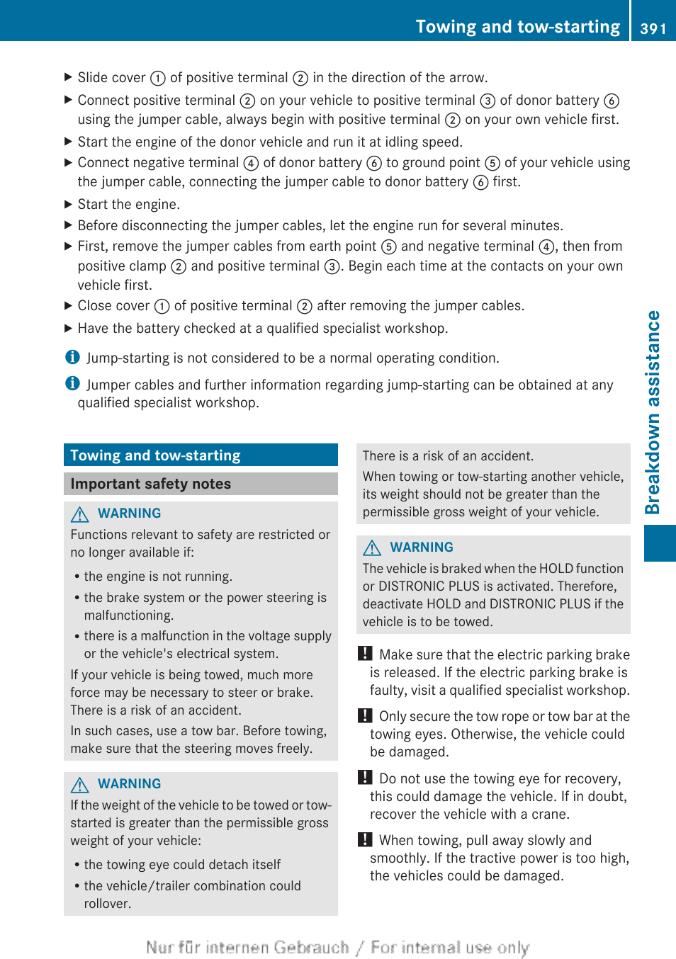 Towing and tow-starting, Important safety notes, Breakdown assistance | Mercedes-Benz 2013 M Class User Manual | Page 393 / 460