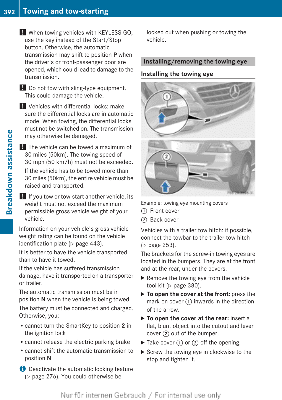 Installing/removing the towing eye, Breakdown assistance, Towing and tow-starting | Mercedes-Benz 2013 M Class User Manual | Page 394 / 460