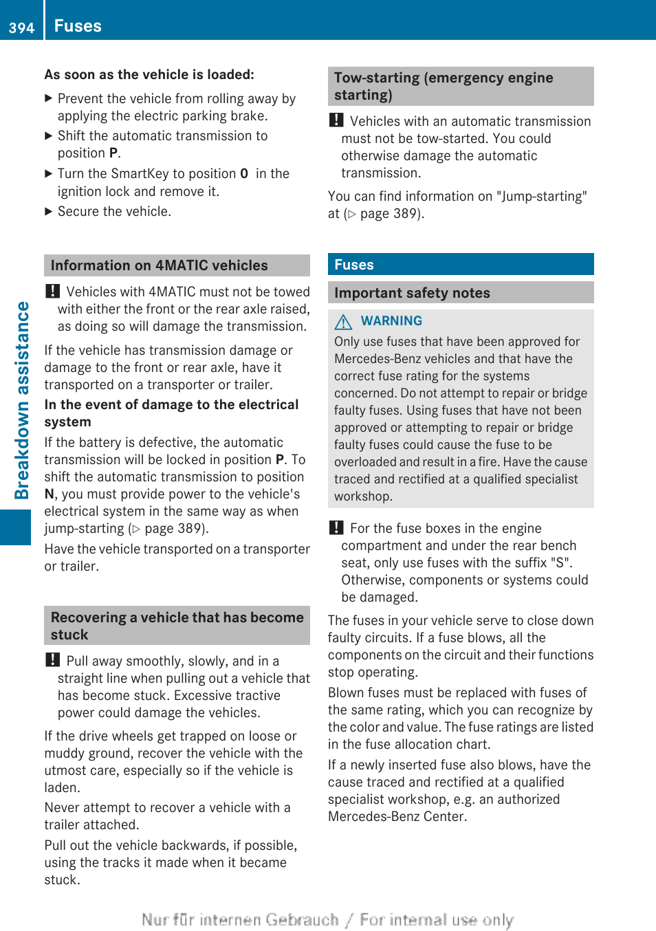 Information on 4matic vehicles, Recovering a vehicle that has become stuck, Tow-starting (emergency engine starting) | Fuses, Important safety notes, Tow-starting (vehicle), Breakdown assistance | Mercedes-Benz 2013 M Class User Manual | Page 396 / 460