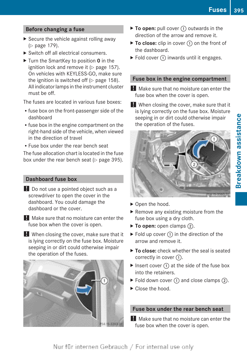 Before changing a fuse, Dashboard fuse box, Fuse box in the engine compartment | Fuse box under the rear bench seat, Breakdown assistance, Fuses | Mercedes-Benz 2013 M Class User Manual | Page 397 / 460