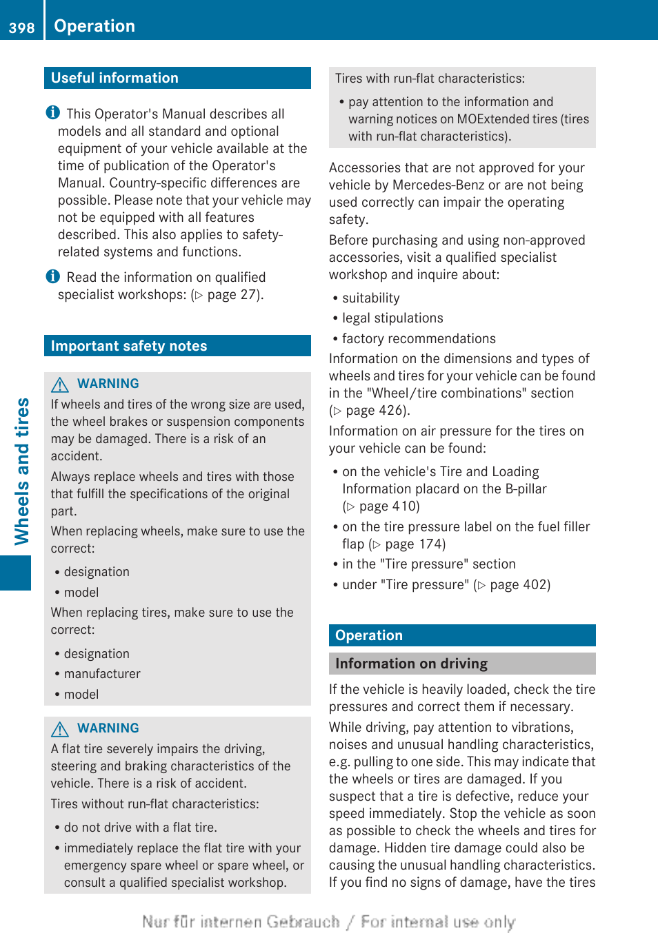 Wheels and tires, Useful information, Important safety notes | Operation, Information on driving | Mercedes-Benz 2013 M Class User Manual | Page 400 / 460